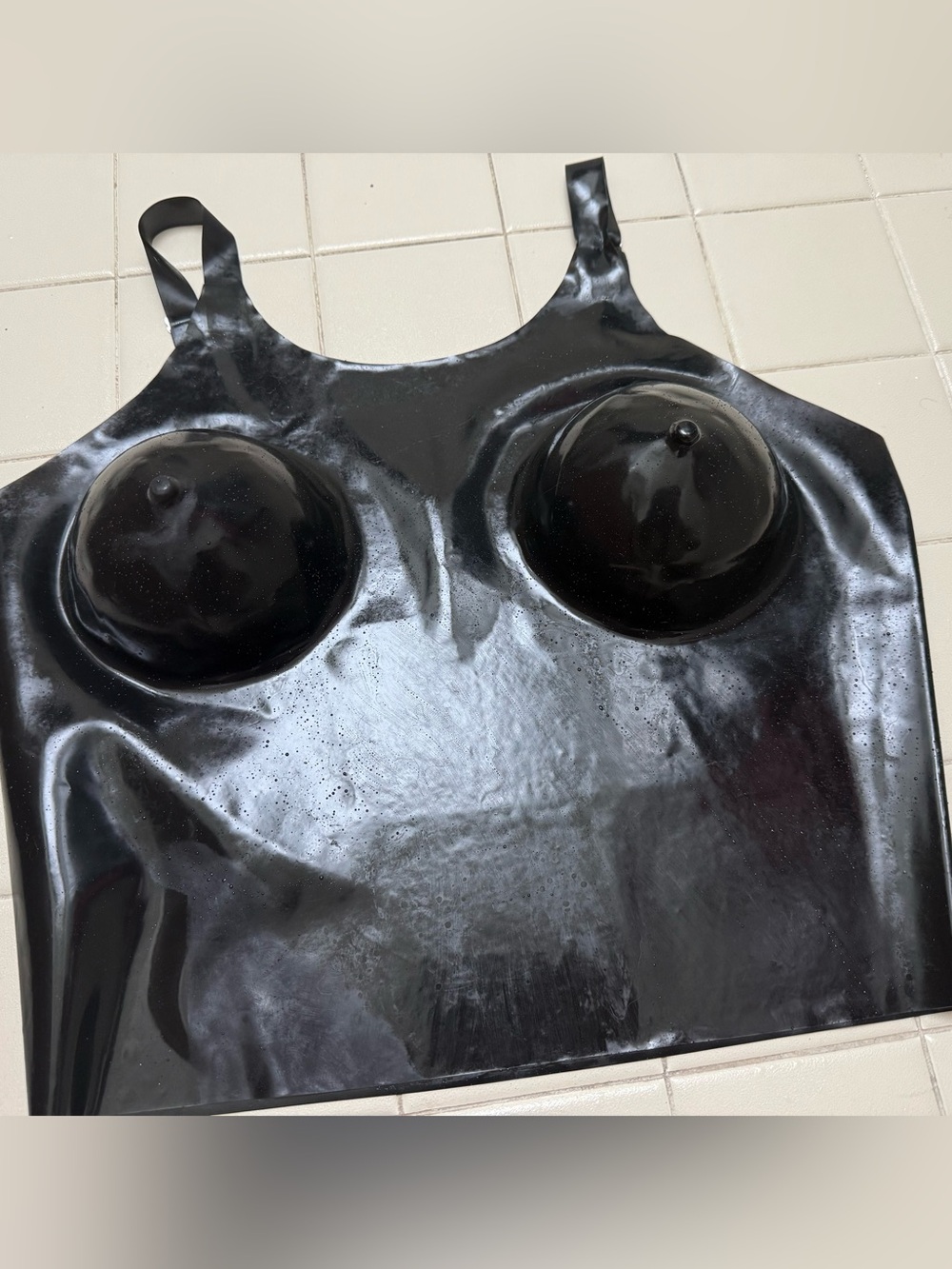 Black latex rubber bustier sleeveless vest top with moulded bra cups